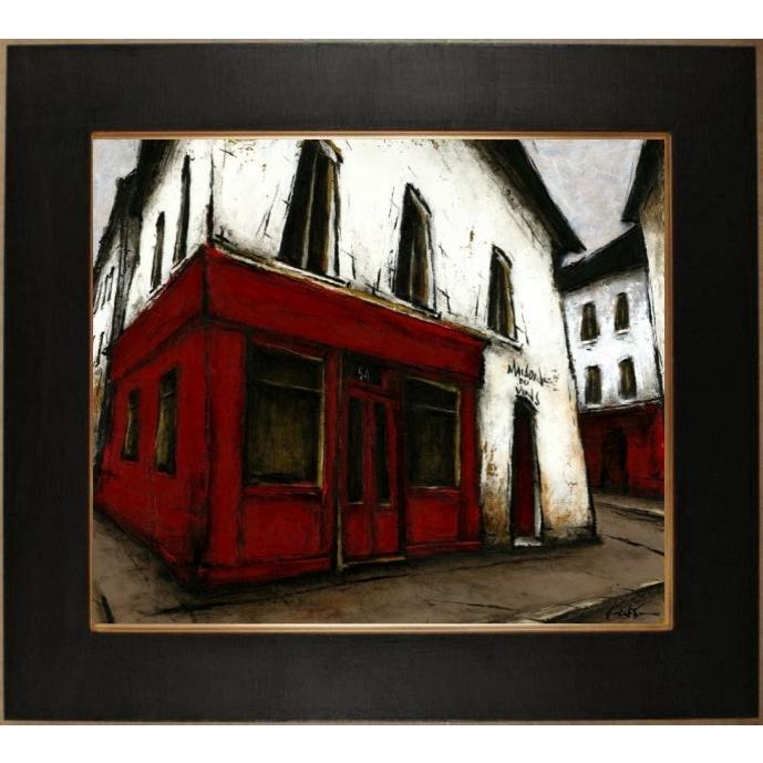 パリ 風景画 絵画 フランス 油絵 油彩画 中野克彦 「裏通りの赤いカフェ」 額付き 洋画