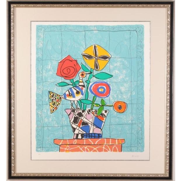 花 絵画 鳥 静物画 版画 リトグラフ ポール・アイズピリ 「空色 花 絵画 鳥 静物画 版画 リトグラフ ポール・アイズピリ 「空色