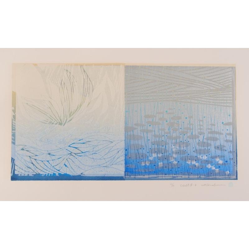 抽象画 絵画 睡蓮 花 木版画 ナチュラルモダン コバルトブルー 白駒