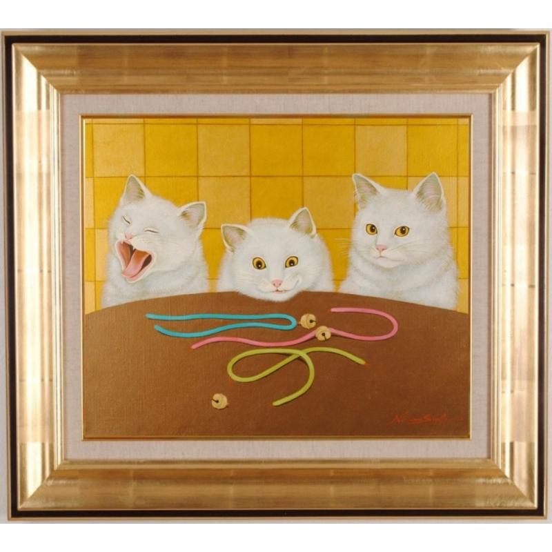 猫 絵画 白猫 油絵 油彩画 高橋伸子 「決定権」 額付き : アート 猫 絵画 白猫 油絵 油彩画 高橋伸子 「決定権」 額付き : アート