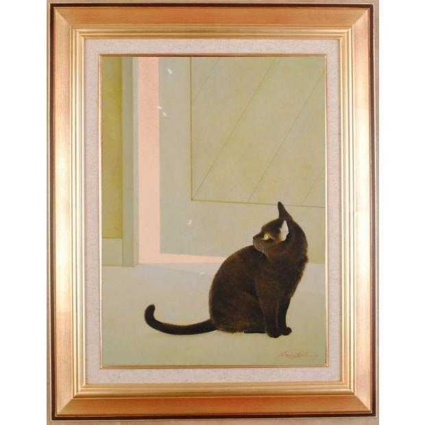 猫 絵画 黒猫 油絵 油彩画 高橋伸子 「予感・1」 額付き 猫 絵画 黒猫 油絵 油彩画 高橋伸子 「予感・1」 額付き