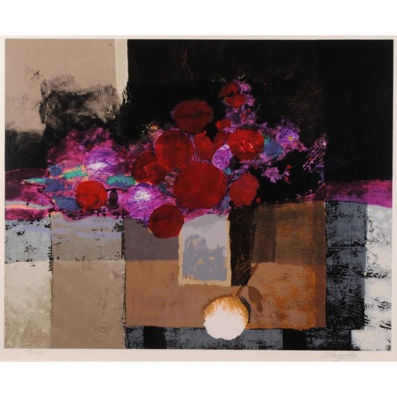 花 絵画 静物画 版画 シルクスクリーン 武井政之 「赤と白のブーケ