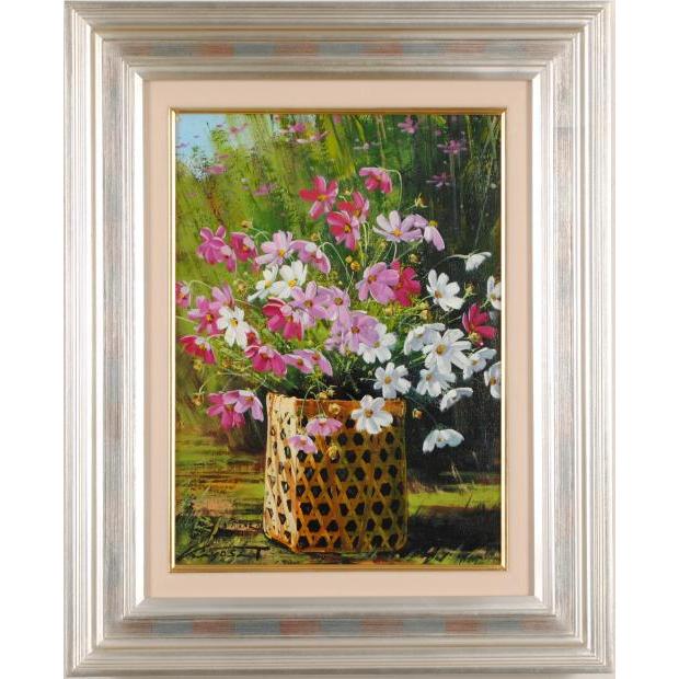 田中清 朝の庭で 花 絵画 コスモス 油絵 インテリア 一点物 プレゼント
