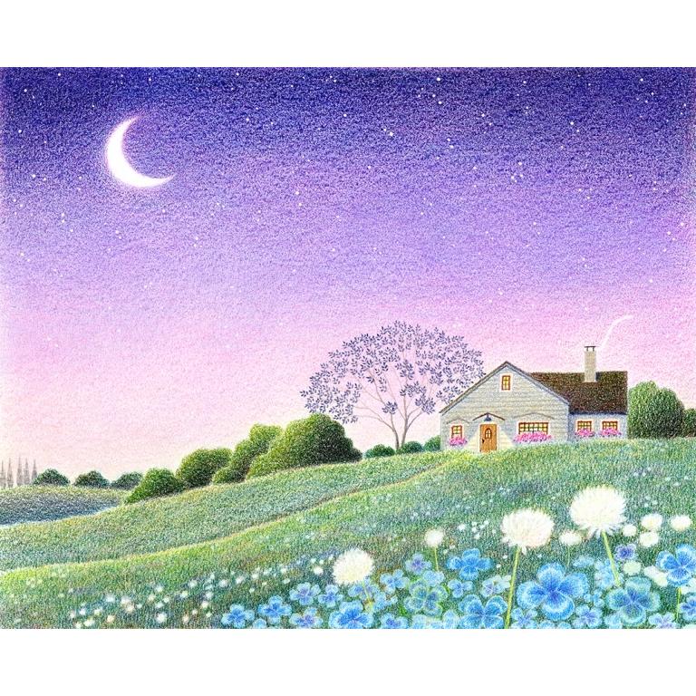 渡辺美香子 白ツメ草光る夜 絵画 風景画 三日月 クローバー 渡辺美香子 白ツメ草光る夜 絵画 風景画 三日月 クローバー