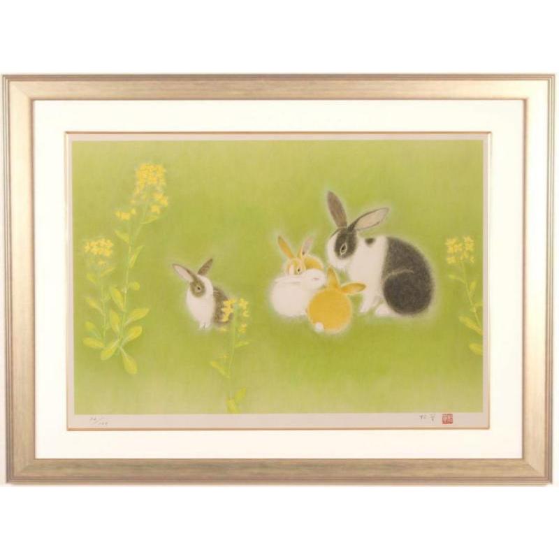 ウサギ 絵画 和風 インテリア プレゼント コレクション 新築祝い 開店祝い 上村松篁 兎(連作「母と子と」より) リトグラフ 版画 額付き ...