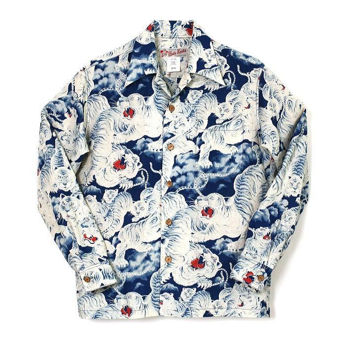 HULA KEIKI　LONG SLEEVE インディゴ 百虎  アロハシャツ フラケイキ　メンズ　レディース　ハワイアン　長袖　リネン(麻) 100% indigo Hyaku-tora｜agogo55