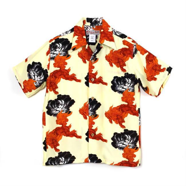 ＊マカナレイ シルク 獅子 松 アロハシャツ 開襟 オープンカラー シャツ L MAKANA LEI（マカナレイ） HULA KEIKI 獅子牡丹 SHI SHI アロハシャツ