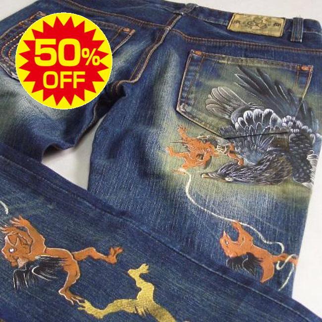 和っぱ 京都 デニムパンツ 鳳凰柄 SALE wappa 手描きジーンズ 鴉天狗柄 京