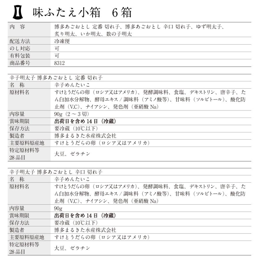 明太子 味ふたえ小箱 6箱 まるきた水産 博多まるきた水産 あごおとし 博多 博多あごおとし 明太子 めんたい めんたいこ 切れ子 いか明太子 | 博多あごおとし | 11