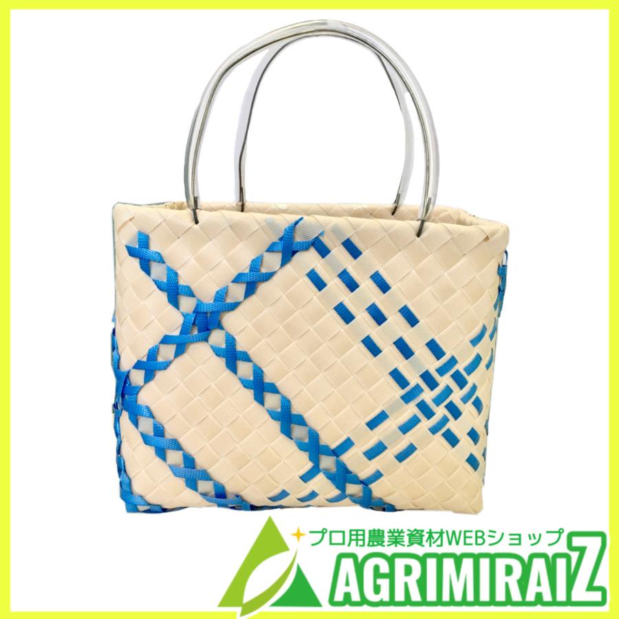 手編みカゴ 1点モノ 青×ベージュ PPバンドカゴ バスケット 手作り