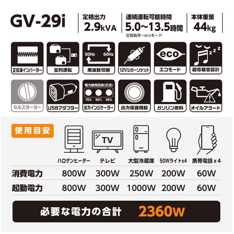 工進 インバーター発電機 GV-29i 2.9kVA 最長連続13.5時間運転 防災
