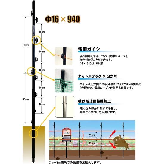 個人宅OK 電気柵 支柱 FRP シンセイ ガイシ付き 電柵支柱 φ16 X 940mm