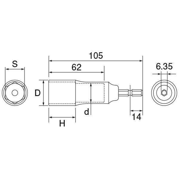 TOP/トップ工業 EDS-19 電動ドリル用ソケット（6.35角軸） 対辺19mm