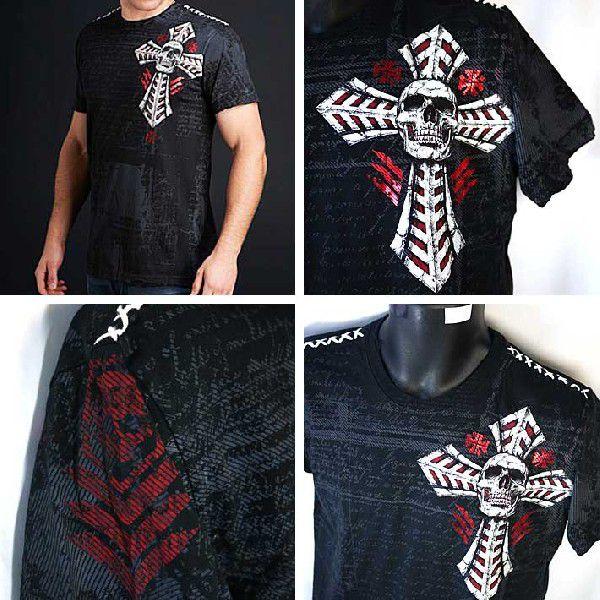 アフリクション Tシャツ メンズ 半袖 丸首 スカル＆十字架 赤箔/黒 