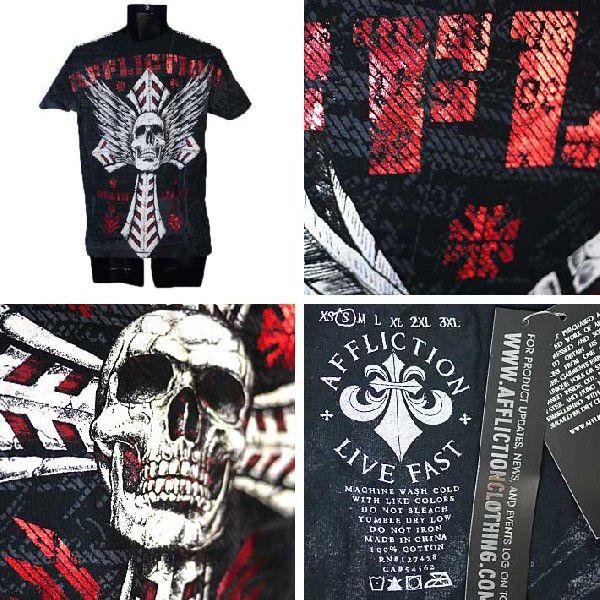 アフリクション Tシャツ メンズ 半袖 丸首 スカル＆十字架 赤箔/黒 