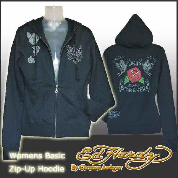 エドハーディー フードパーカー レディース ローズ/黒 A0ZHAGIN Womens Basic Broken Print Zip Up ジップアップフーディー EDHARDY 1035 冬