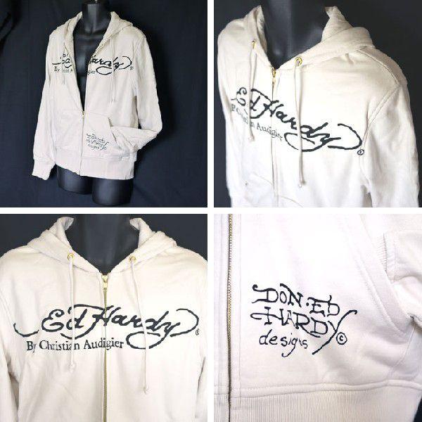 『値下げ』ED HARDY ホワイト パーカー M Ed Hardy エドハーディー メンズ フードパーカー 鷹&星/白