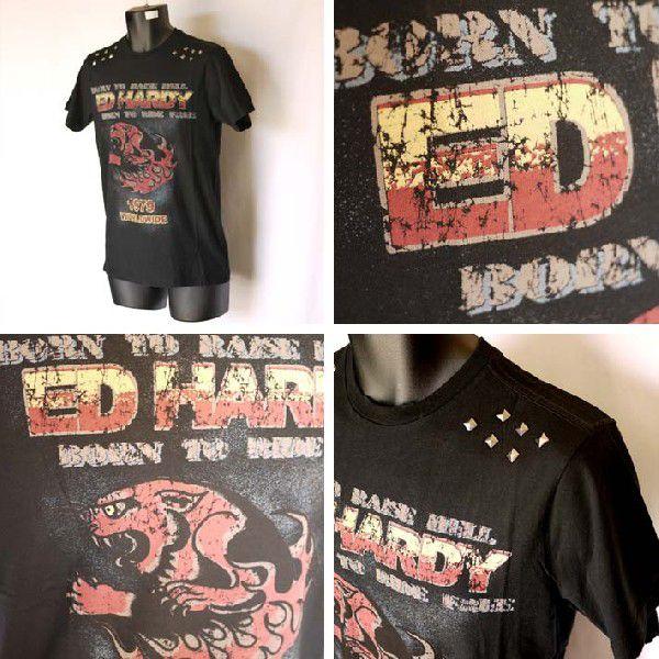 Ed Hardy（エド・ハーディー） Tシャツ メンズ 丸首半袖 地獄猫骸骨/黒