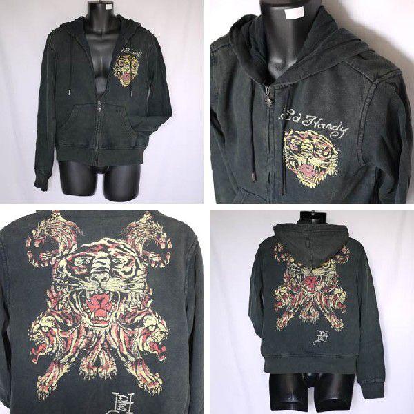 Ed Hardy（エド・ハーディー） パーカー メンズ 虎鷹コラージュ/黒