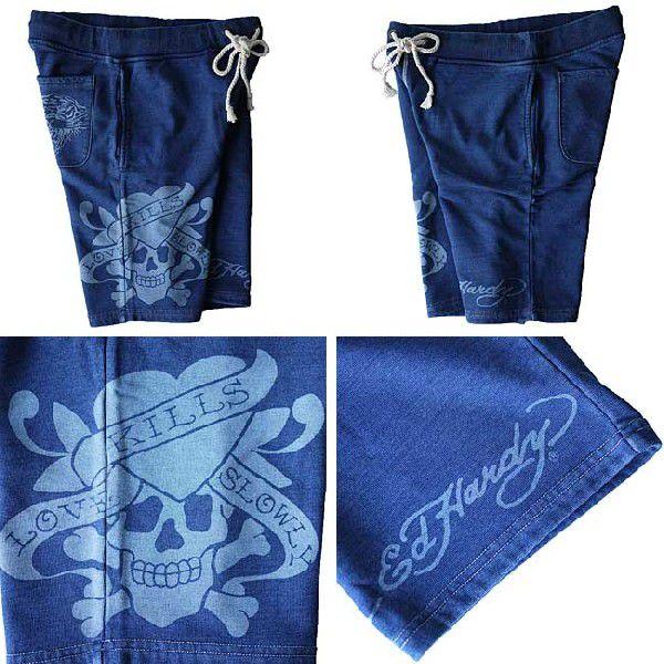 ★送料・関税込み★【Ed Hardy】ヴィンテージ ブルー ショーツ Ed Hardy エドハーディー ハーフパンツ メンズ ラブキル/藍 ドン