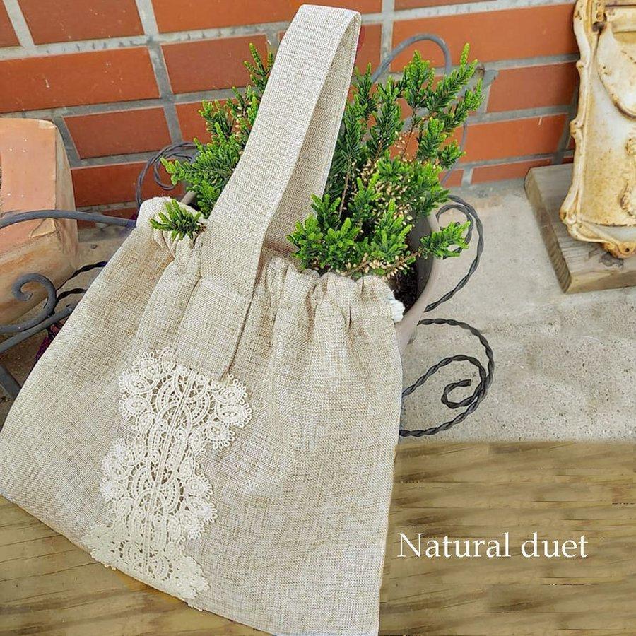 即納 otona 巾着バッグ リネンタッチ コットンレースがおしゃれ