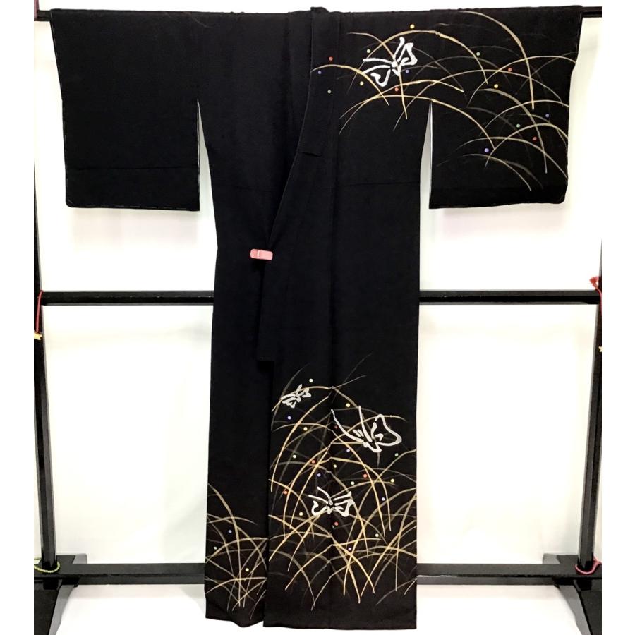 堀省平 金彩友禅 訪問着 花柄 一部刺繍 螺鈿箔 正絹 袷 緑 蒼黒