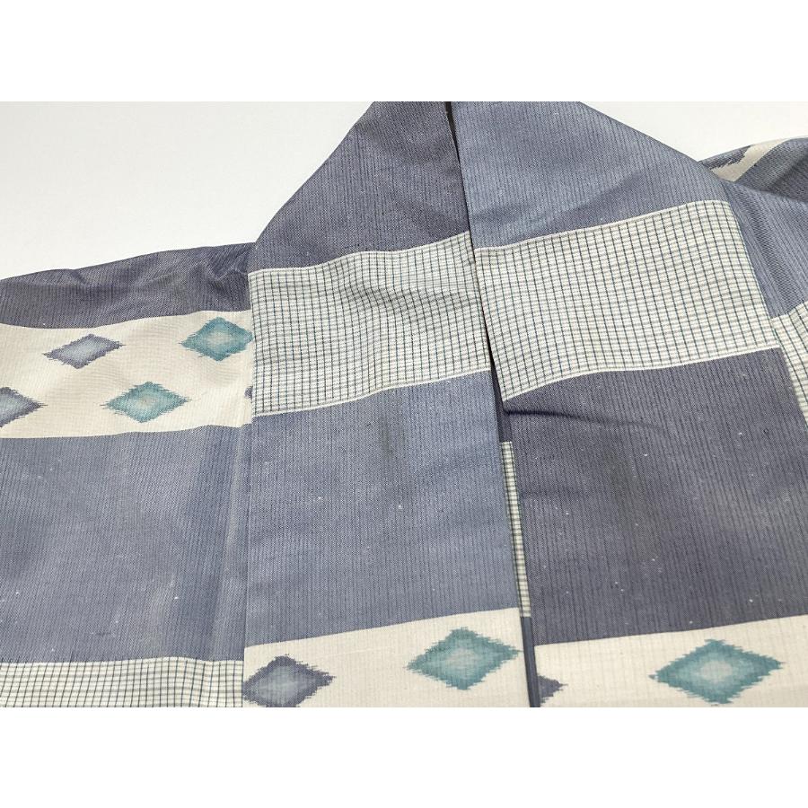 中古品　正絹　紬織　単衣　先染絣　きもの　23220　t_8