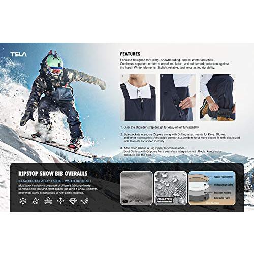 TSLA メンズ 冬用 スノービブ 防水 断熱 スノーボード オーバーオール リップストップ防風スキーパンツ ウィンタースキー スノーオ 並行輸入 2XL