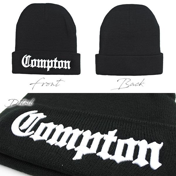 COMPTON ニットキャップ ニット帽 ブラック 黒 ビーニーキャップ 帽子