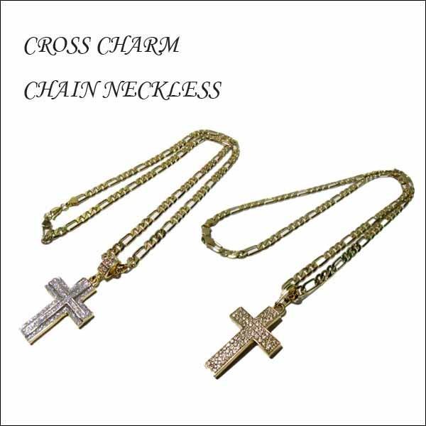 クロス ネックレス 平型チェーン 全2種類 ゴールド ラインストーン