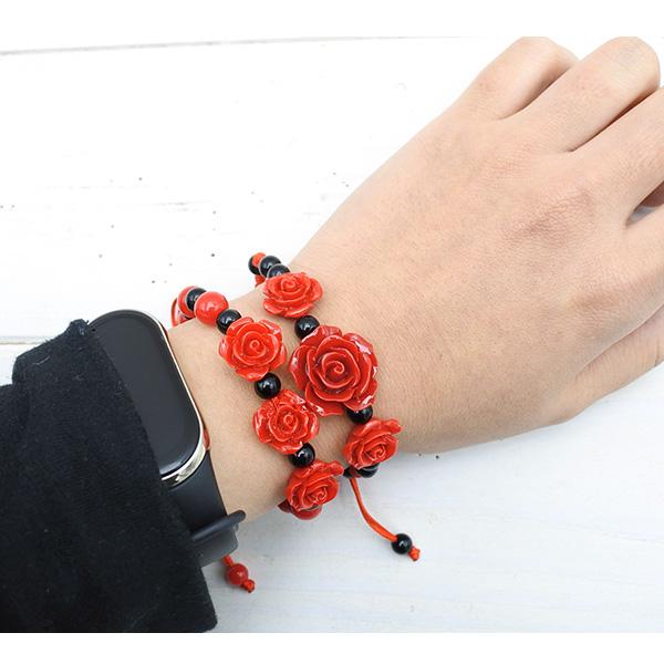 バラ ブレスレット 全2種類 紐 レッド 花 薔薇 rose ブレス おしゃれ