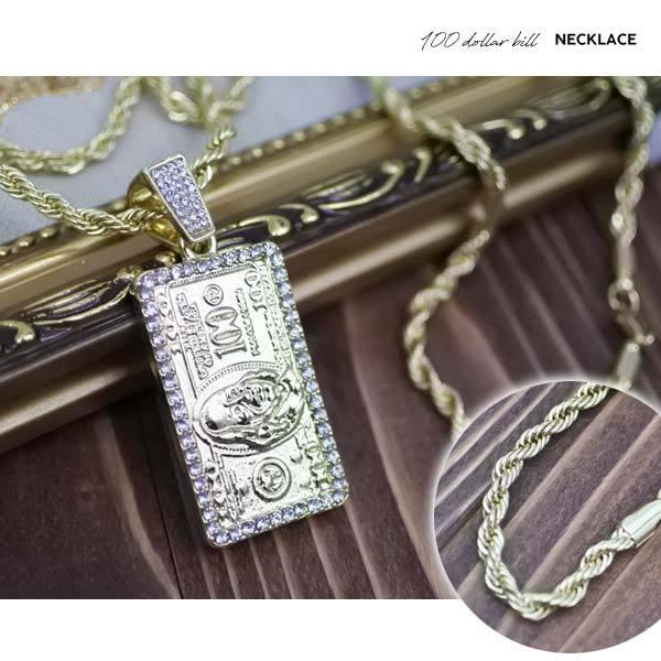 ネックレス アメリカ 100ドル札 紙幣 ゴールド 100＄ ラインストーン