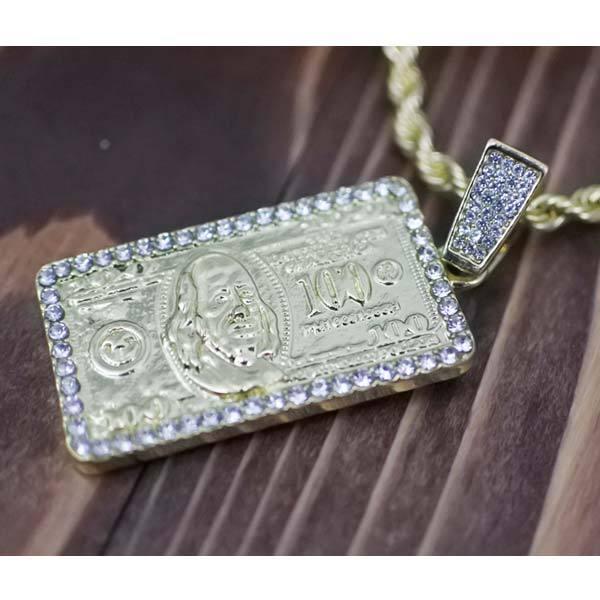 ドル 札束＄ATM ネックレス ゴールド ロープ チェーン ビック ペンダント ネックレス アメリカ 100ドル札 紙幣 ゴールド 100＄ ラインストーン