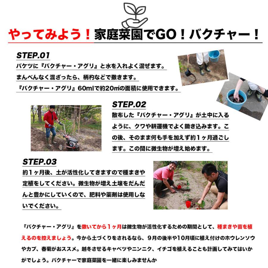 土壌改良材 バクチャー アグリ 土用 60ml 天然成分 野菜 畑 散布 土 土壌改良 土づくり 有機栽培 微生物 バクテリア 微生物活性剤 園芸 花壇 菜園 家庭菜園 Aiai アイアイ 通販 Yahoo ショッピング
