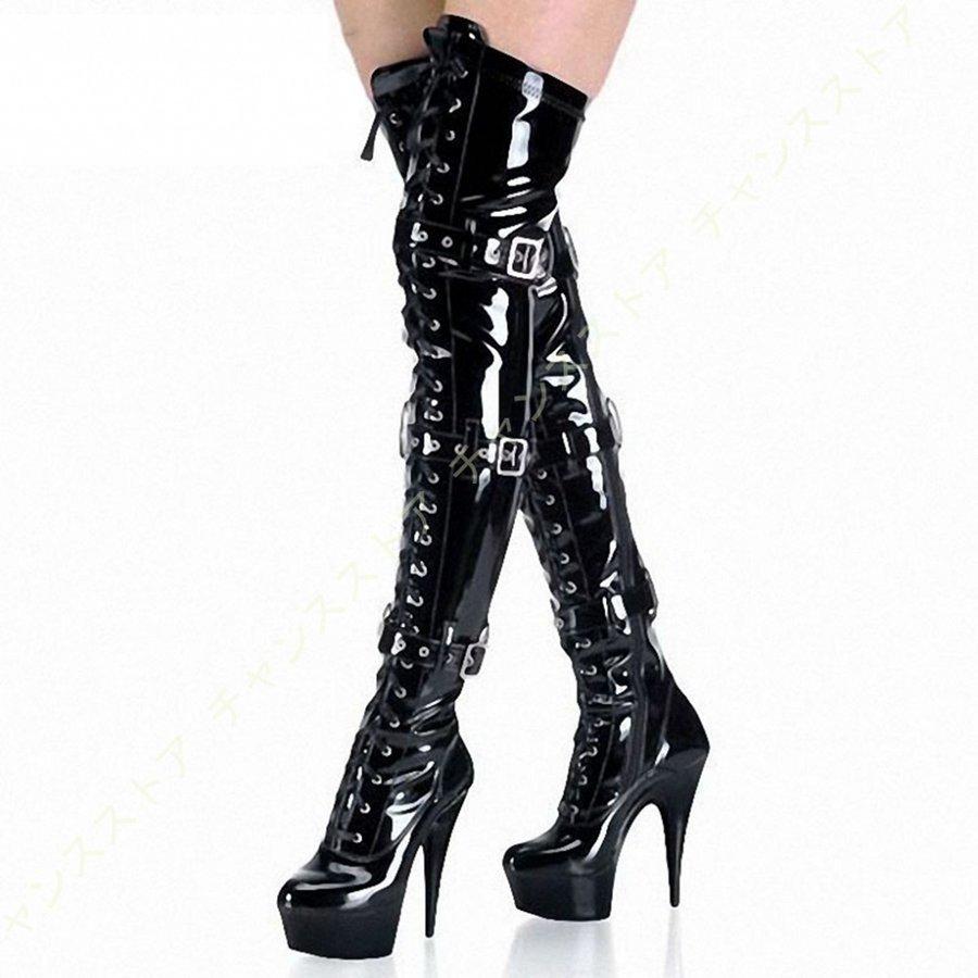 サイハイブーツ 大きいサイズ 15cm ピンヒール ハイヒール レディース ストレッチ 3連バックル 厚底 スーパーロングブーツ ひざ上 エナメル 黒 レッド Keser No