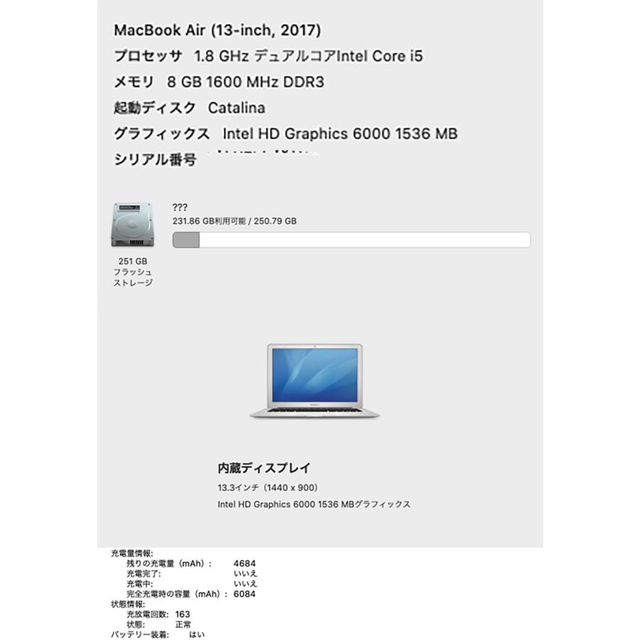 MacBook Air 13 inch 2017 A1466 Core i5 1.8GHz 8GB SSD 256GB Intel HD Graphics 6000 1536 MB 中古品 6-4　MQD42J/A｜aidemac｜06