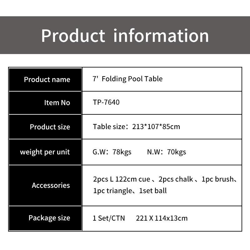 無垢材室内成人用2.1m 7フィート折りたたみビリヤードテーブル 組み立て不要 ビリヤード台、プールテーブル【車上渡し・時間指定不可】_3