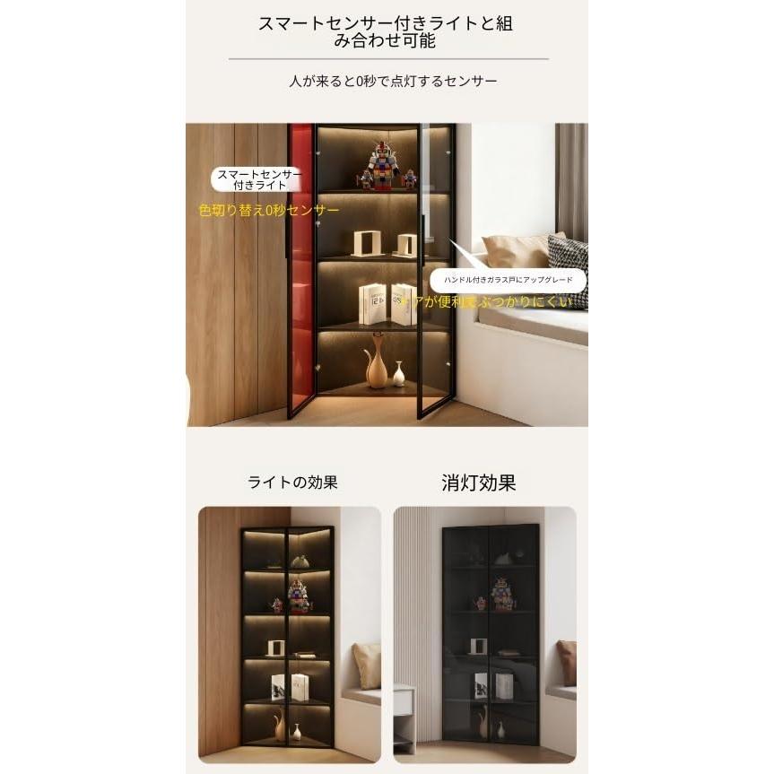 三角コーナー専用実木製 ガラスキャビネット 強化ガラス扉付き 陳列