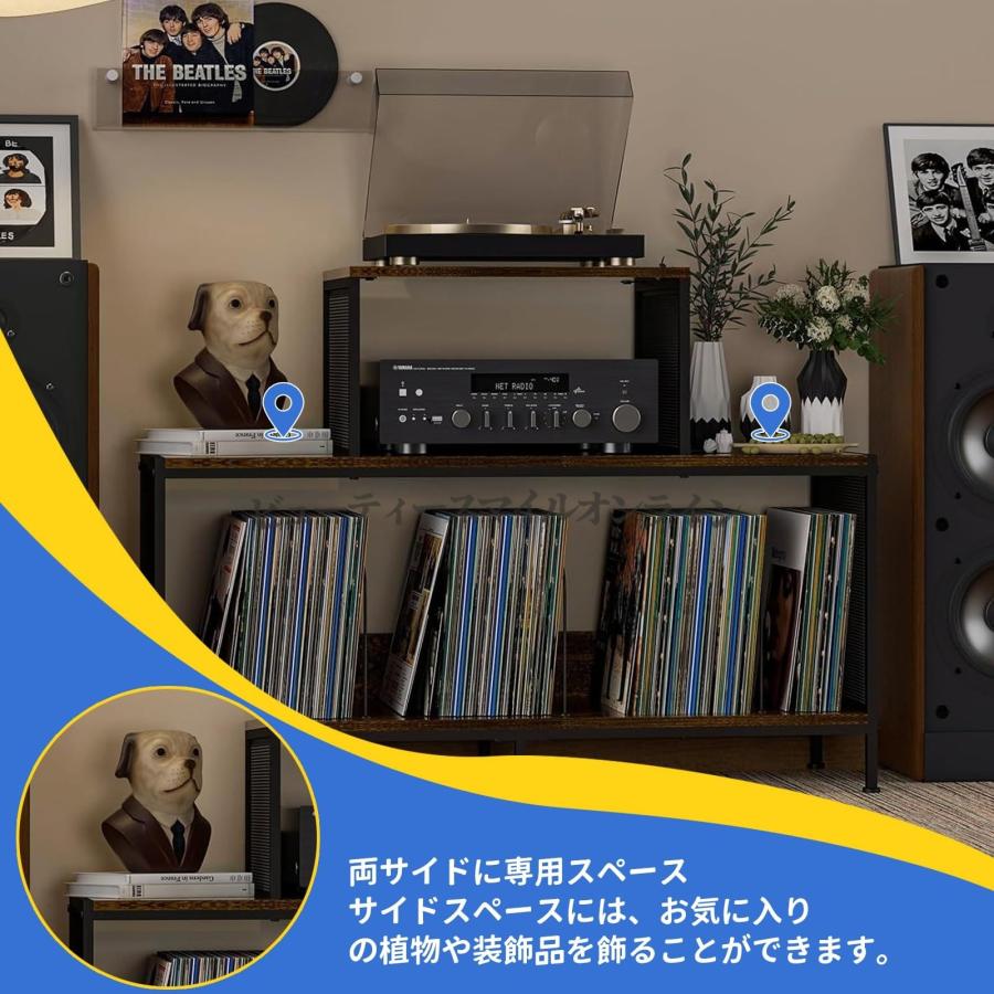 レコードラック 3段 木製 レコード300枚収納可能 メッシュサイド 調節可能仕切り付き ターンテーブル設置対応 北欧風 省スペース設計 ...