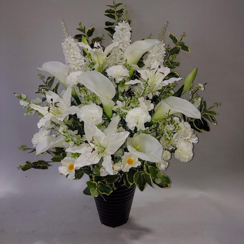 仏花・白ユリMIX・白仕上・（造花）高80cm×幅55cm・光触媒 : アイ 