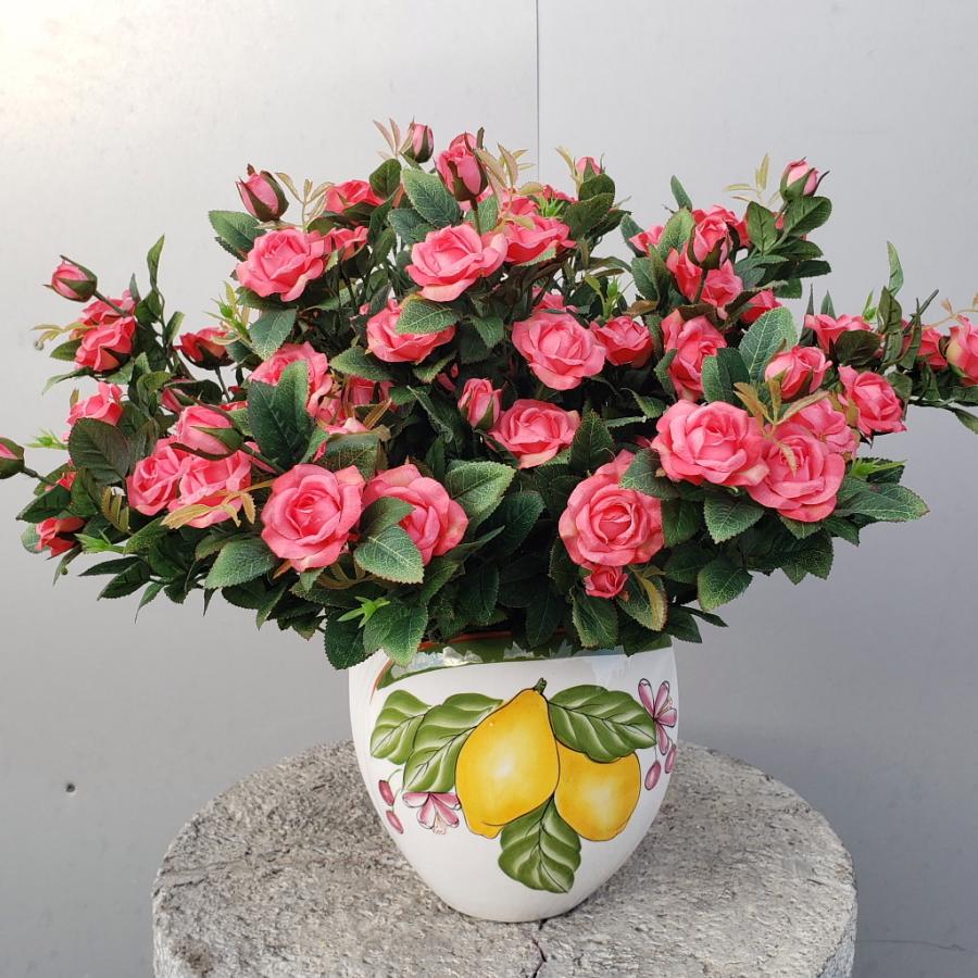 ミニバラピンク・レモン柄花器入・　　　　　（造花）　高40×幅40