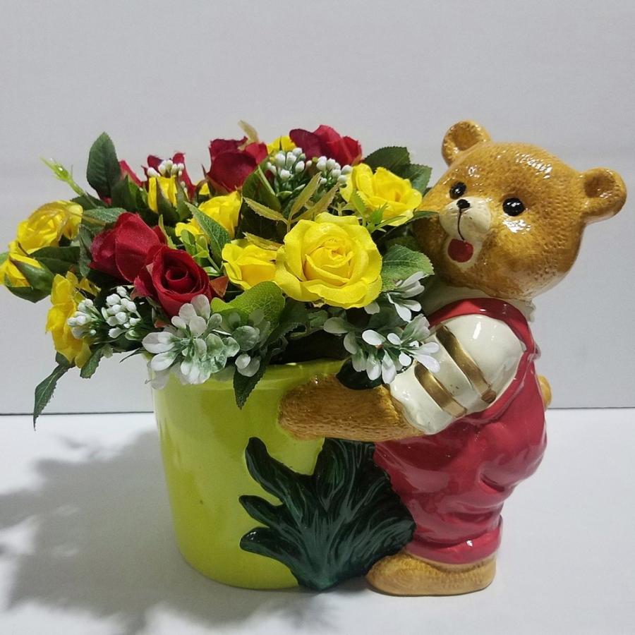 熊さんアレンジ No11 ミニバラ 赤 黄 高２０ｃｍ 巾25ｃｍ オリジナル 光触媒 造花 誕生日祝 開店祝 入学祝 Paniyqw1m7 アイフラワー グリーン 通販 Yahoo ショッピング