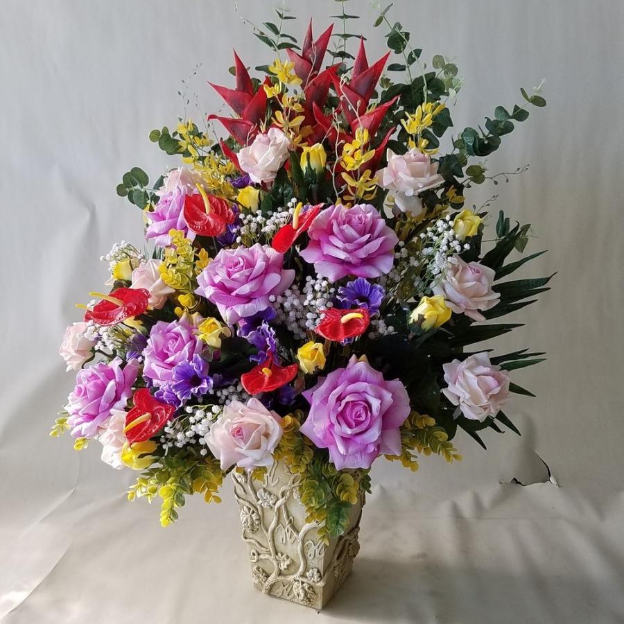 バラとヘリコニア他MIXアレンジ　ギフト（ＡＲ３８）　（高さ１１０ｃｍ巾80ｃｍ）オリジナル、光触媒、造花，誕生日祝、結婚祝、開店祝、新築祝）。