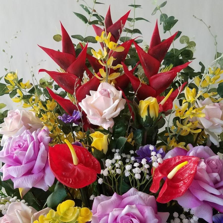 バラとヘリコニア他MIXアレンジ　ギフト（ＡＲ３８）　（高さ１１０ｃｍ巾80ｃｍ）オリジナル、光触媒、造花，誕生日祝、結婚祝、開店祝、新築祝）。 co