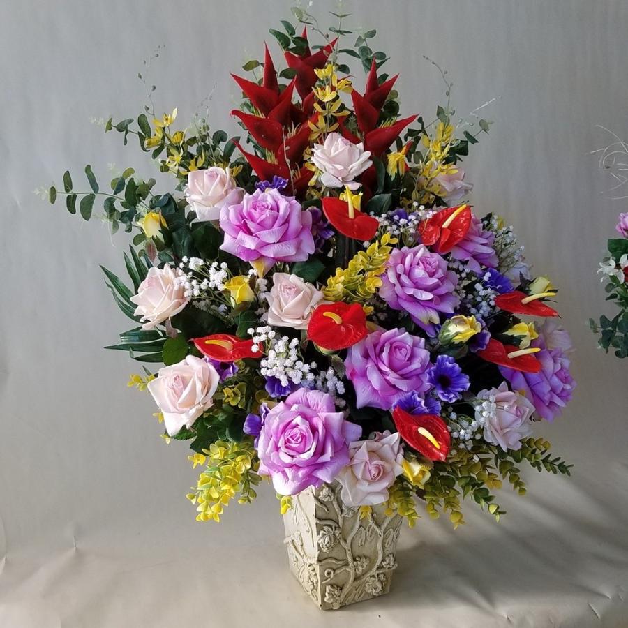 バラとヘリコニア他MIXアレンジ　ギフト（ＡＲ３８）　（高さ１１０ｃｍ巾80ｃｍ）オリジナル、光触媒、造花，誕生日祝、結婚祝、開店祝、新築祝）。 co