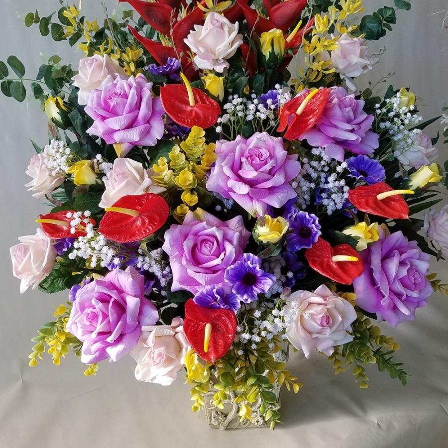 バラとヘリコニア他MIXアレンジ　ギフト（ＡＲ３８）　（高さ１１０ｃｍ巾80ｃｍ）オリジナル、光触媒、造花，誕生日祝、結婚祝、開店祝、新築祝）。 co