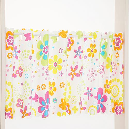 浴室用カフェカーテン／幅145cm×丈45cm／カラフルな花柄の浴室用遮像