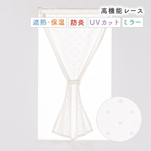 小窓用 オーダー レースカフェカーテン／四角いドット柄の防炎UVカット