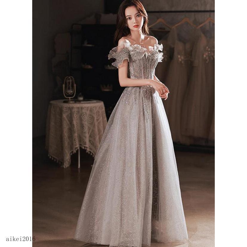 イブニングドレス オフショルダー 発表会ドレス ロングドレス パーティードレス グレー Aラインドレス 結婚式ドレス 二次会ドレス お呼ばれドレス イブニングドレス オフショルダー 発表会ドレス ロングドレス