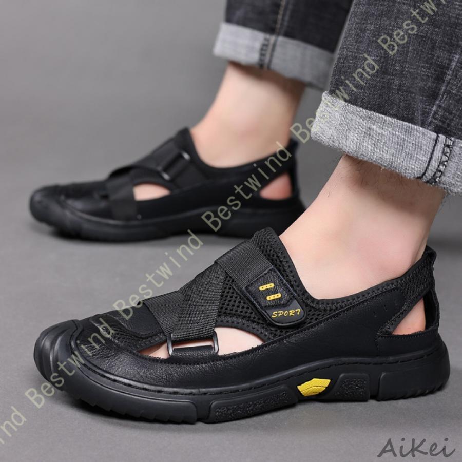 レザー メンズサンダル さんだる かかとあり メッシュ 透かし彫り